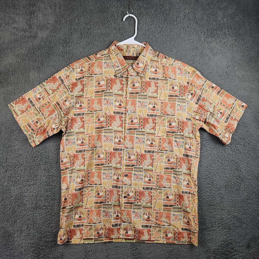 VTG Tori Richard Hawaiian Shirt Mens Large Palm Huts Pineapples Cotton Lawn USA